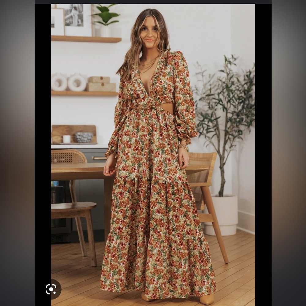 JO+CO “She & Sky” Paloma Floral Cut Out Waist Maxi Dress.